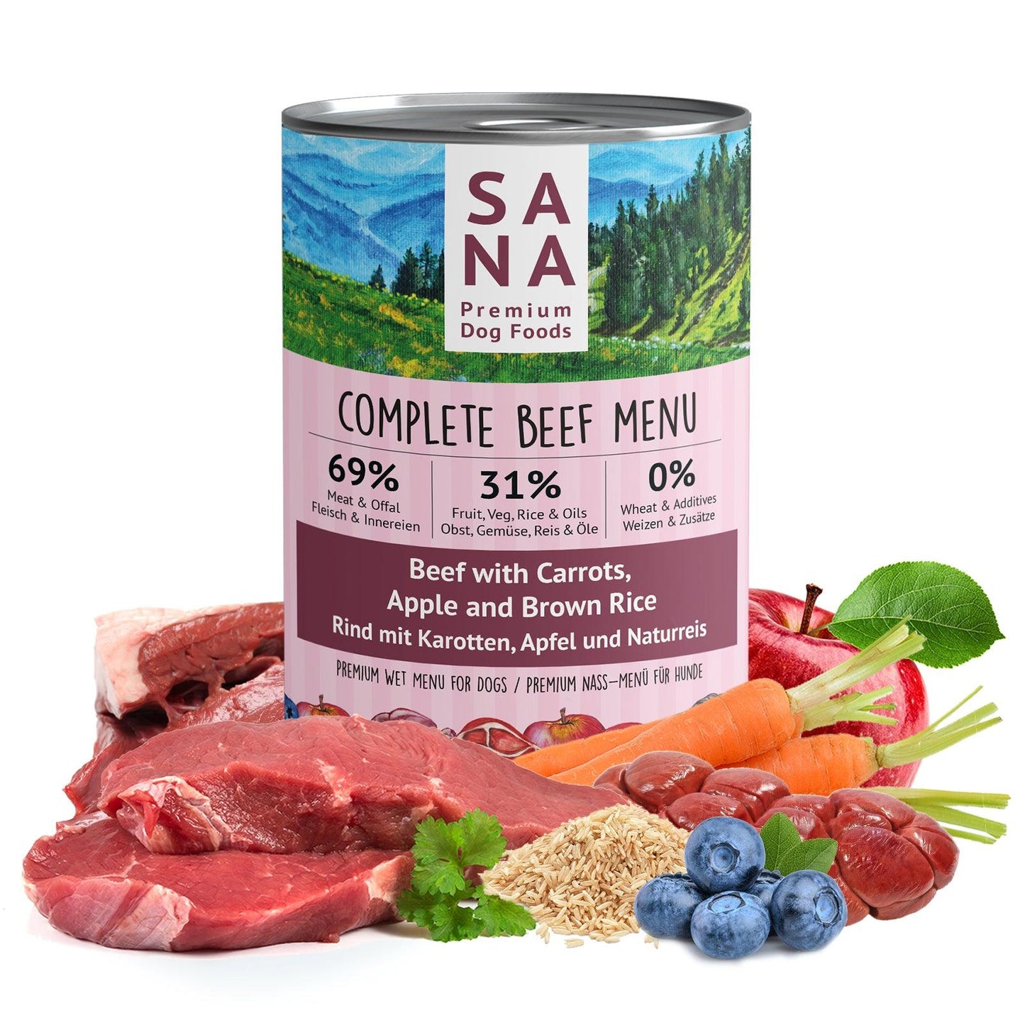 SANA - Nass-Menü Rind mit Karotten, Apfel und Naturreis 800g Dose Rind
