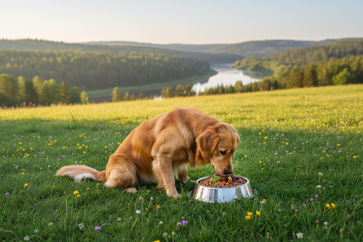 Hund auf Wiese mit Wildblumen