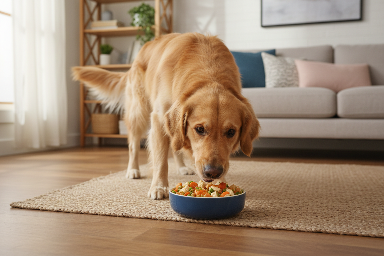 Hund frisst FIDELIS Premium Nassfutter mit Fleischstückchen