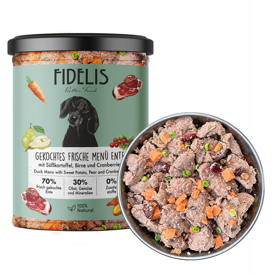 Fidelis - gekochtes Frische-Menü - im Glas 6 x 400g Ente mit Süßkartoffel, Cranberries und Birne