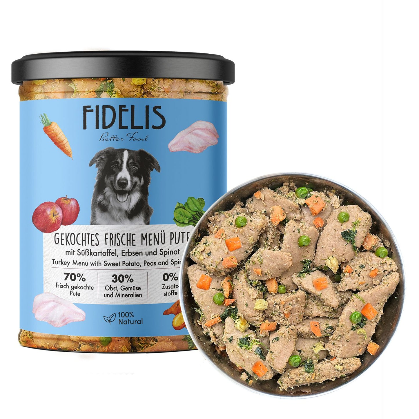 Fidelis - gekochtes Frische-Menü - im Glas 6 x 400g Pute mit Süßkartoffel, Erbsen und Spinat (Glas)