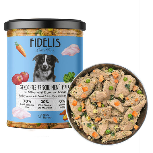 Fidelis - gekochtes Frische-Menü - im Glas 6 x 400g Pute mit Süßkartoffel, Erbsen und Spinat (Glas)