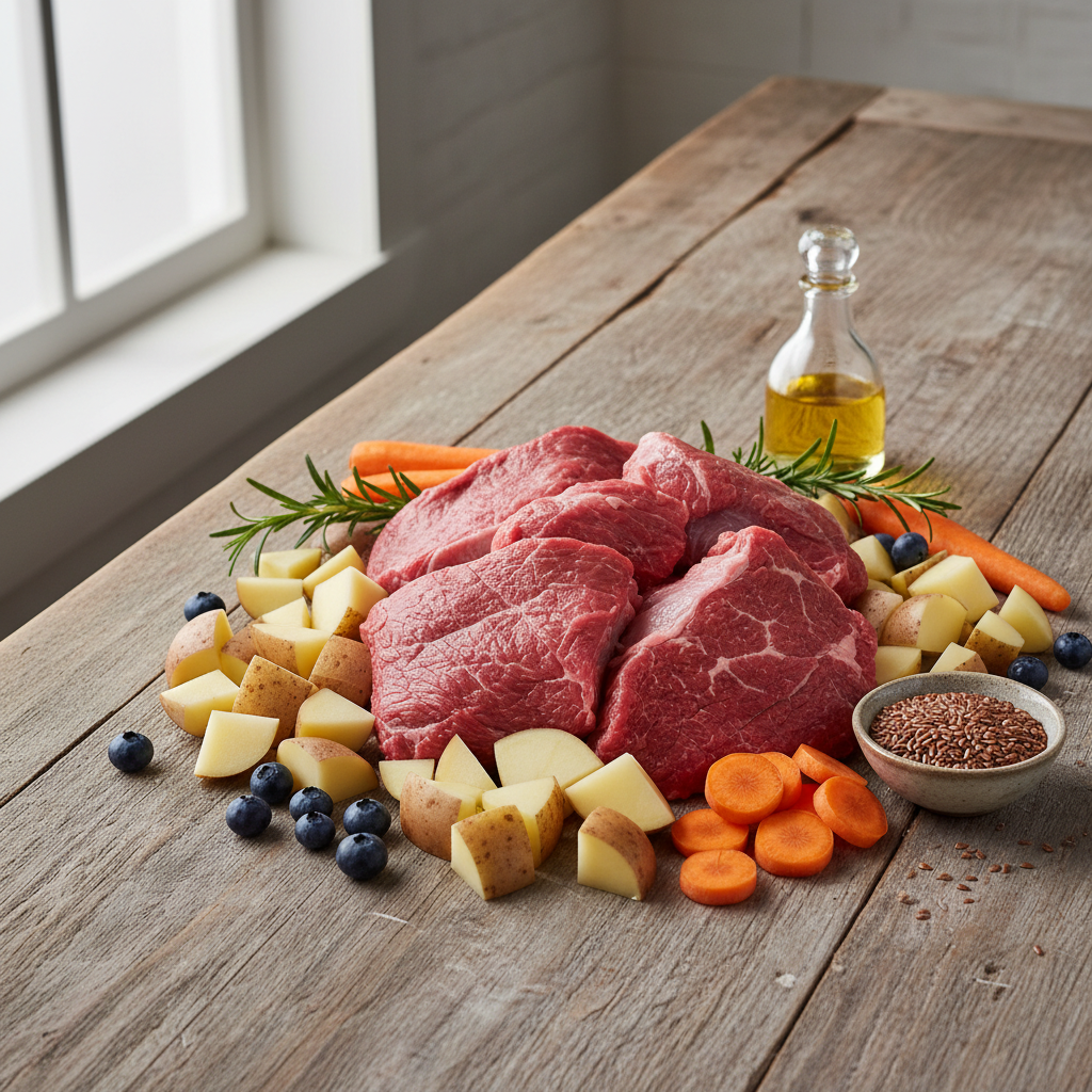 Premium Hundefutter Zutaten Rind Kartoffeln Karotten Lebensmittelqualität
