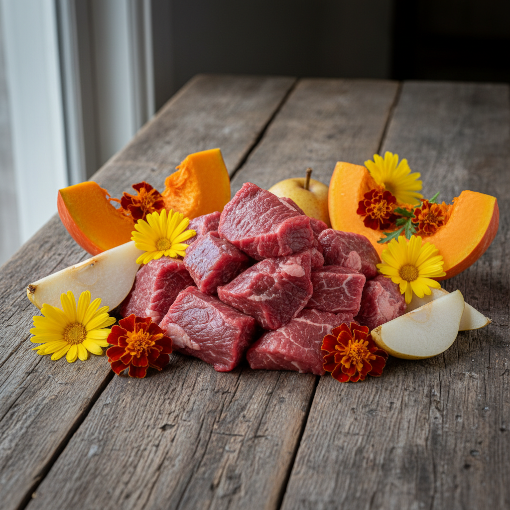 Premium Gourmetwurst Zutaten Rind Hokkaido Birne Ringelblume