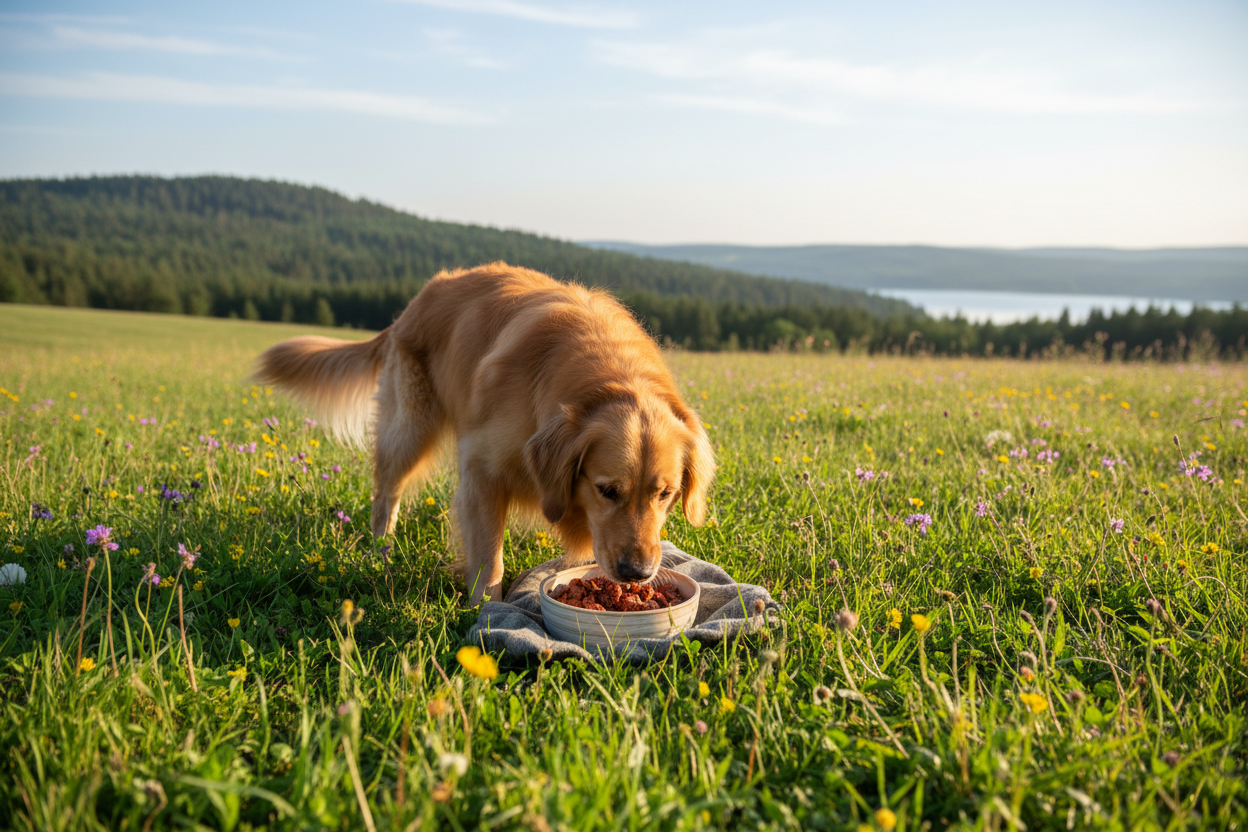 Hund frisst Moni's Premium Nassfutter Lamm auf Wiese mit Wildblumen