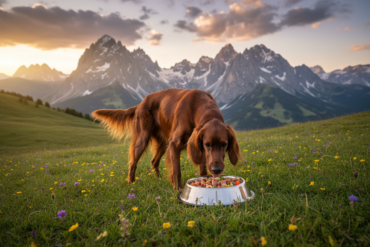 Irish Setter frisst Moni's Premium Gourmetwurst Pute in den Bergen