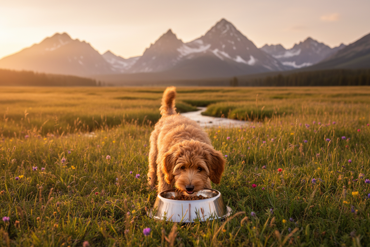 Kleiner Hund frisst Moni's Premium Gourmetwurst Rind in den Bergen