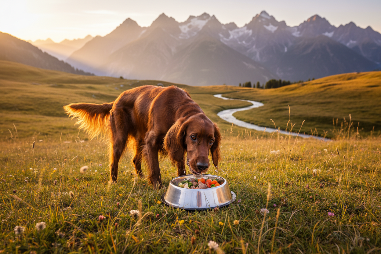 Irish Setter frisst Moni's Premium Nassfutter Huhn Sensitive in den Bergen
