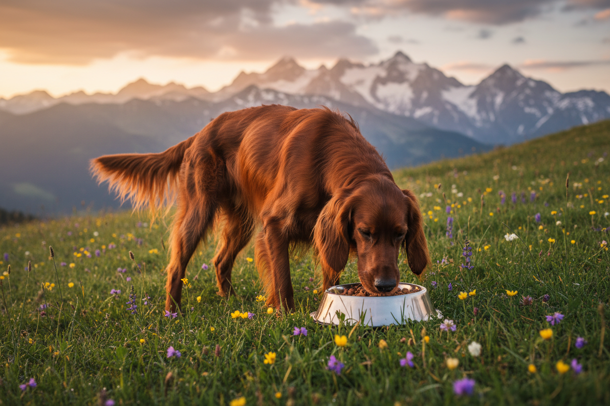 Irish Setter frisst Moni's Premium Nassfutter Wild in den Bergen
