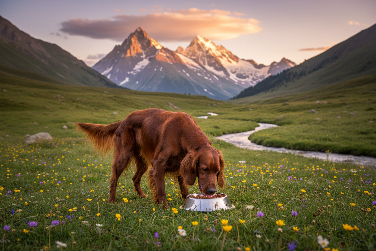 Irish Setter frisst Moni's Premium Nassfutter Huhn Sensitive in den Bergen