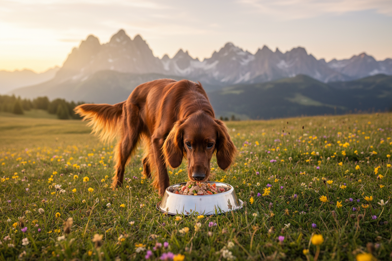 Irish Setter frisst Moni's Premium Gourmetwurst Lamm in den Bergen